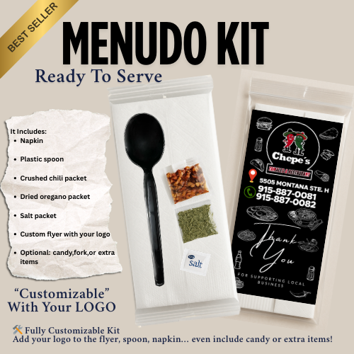 Menudo Kit – 500 Pcs  Custom Disposable Condiment Pack with Spoon, Napkin, Chili Packet, Oregano Packet, Salt & Branded Flyer for Restaurants