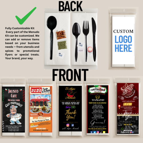 Menudo Kit – 500 Pcs  Custom Disposable Condiment Pack with Spoon, Napkin, Chili Packet, Oregano Packet, Salt & Branded Flyer for Restaurants