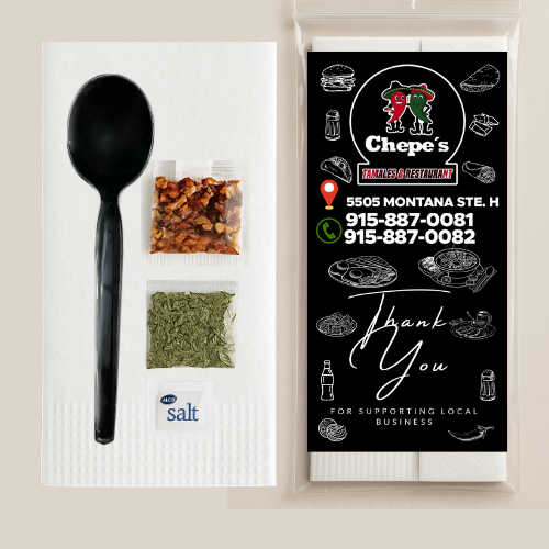 Menudo Kit – 500 Pcs  Custom Disposable Condiment Pack with Spoon, Napkin, Chili Packet, Oregano Packet, Salt & Branded Flyer for Restaurants
