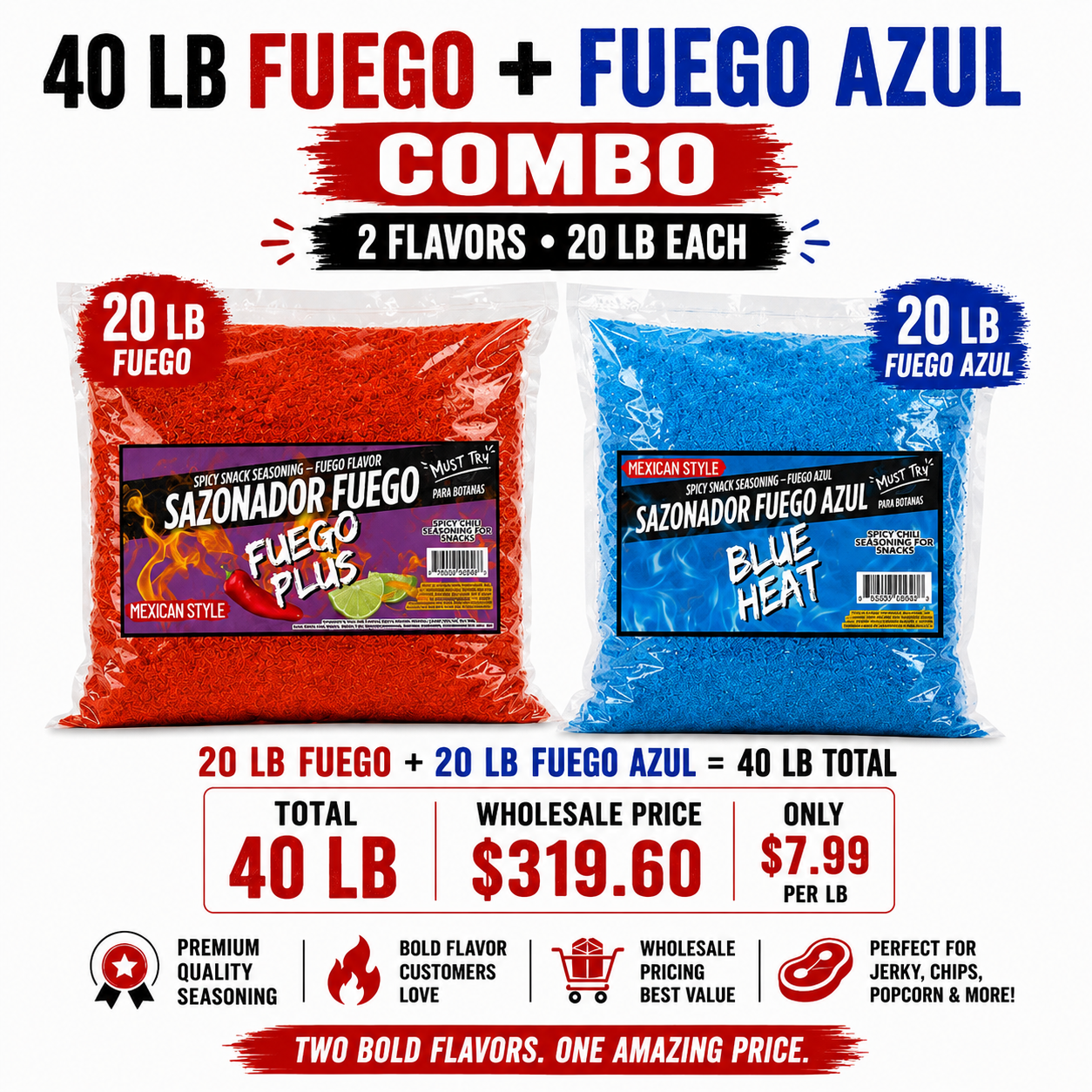 20 LB Fuego Rojo + 20 LB Fuego Azul COMBO (7.99 LB)