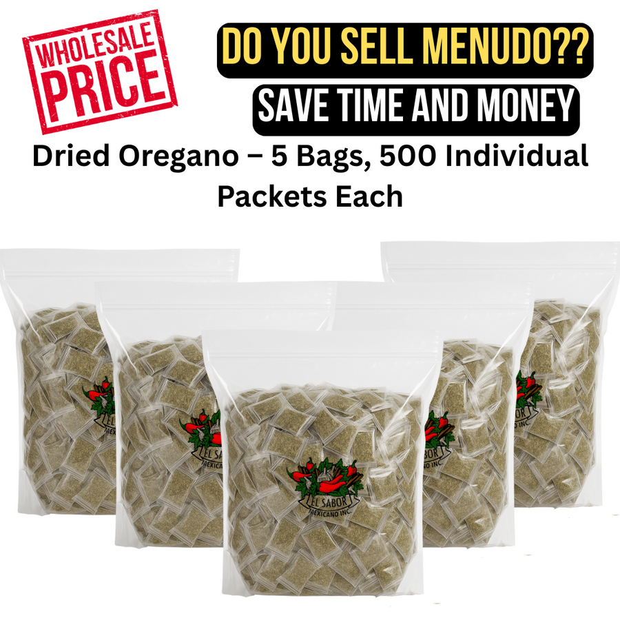 Wholesale pack of 5 premium oregano bags, each containing 500 pcs. Perfect for restaurants, distributors, and food service businesses.