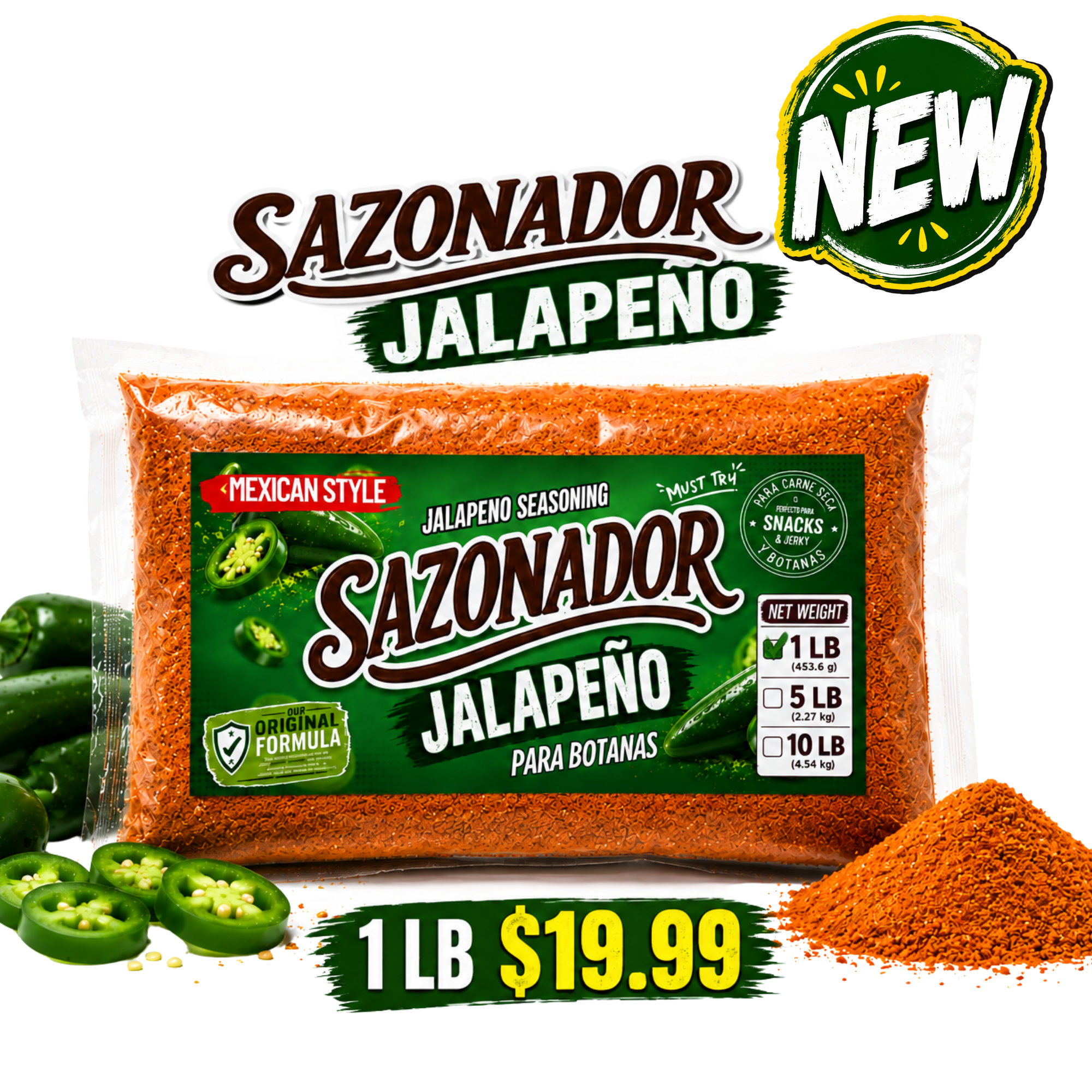 Jalapeño Seasoning Powder – Mexican Style Sazonador for Jerky, Chips, Snacks & More – 1 LB