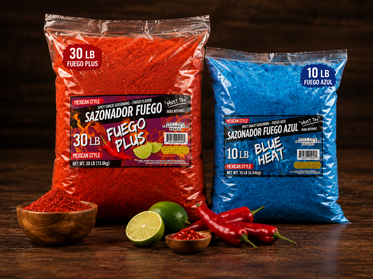 Realistic bulk Fuego Plus 30 lb and Fuego Azul 10 lb seasoning bags