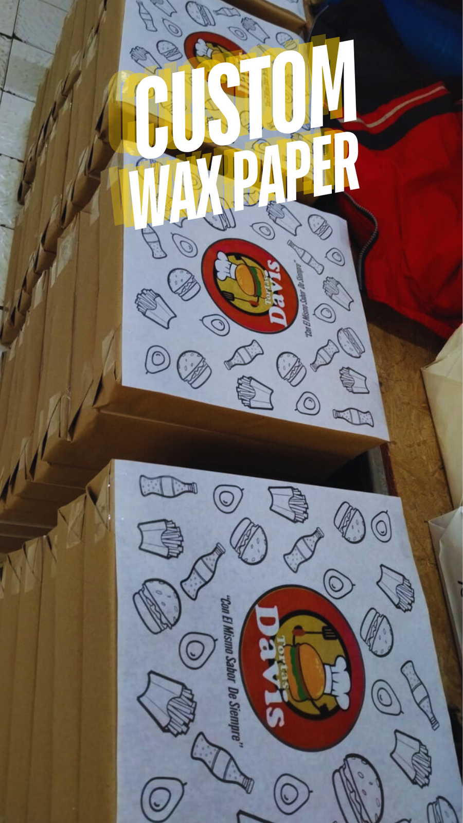 Custom wax paper with restaurant logo used for food wrapping