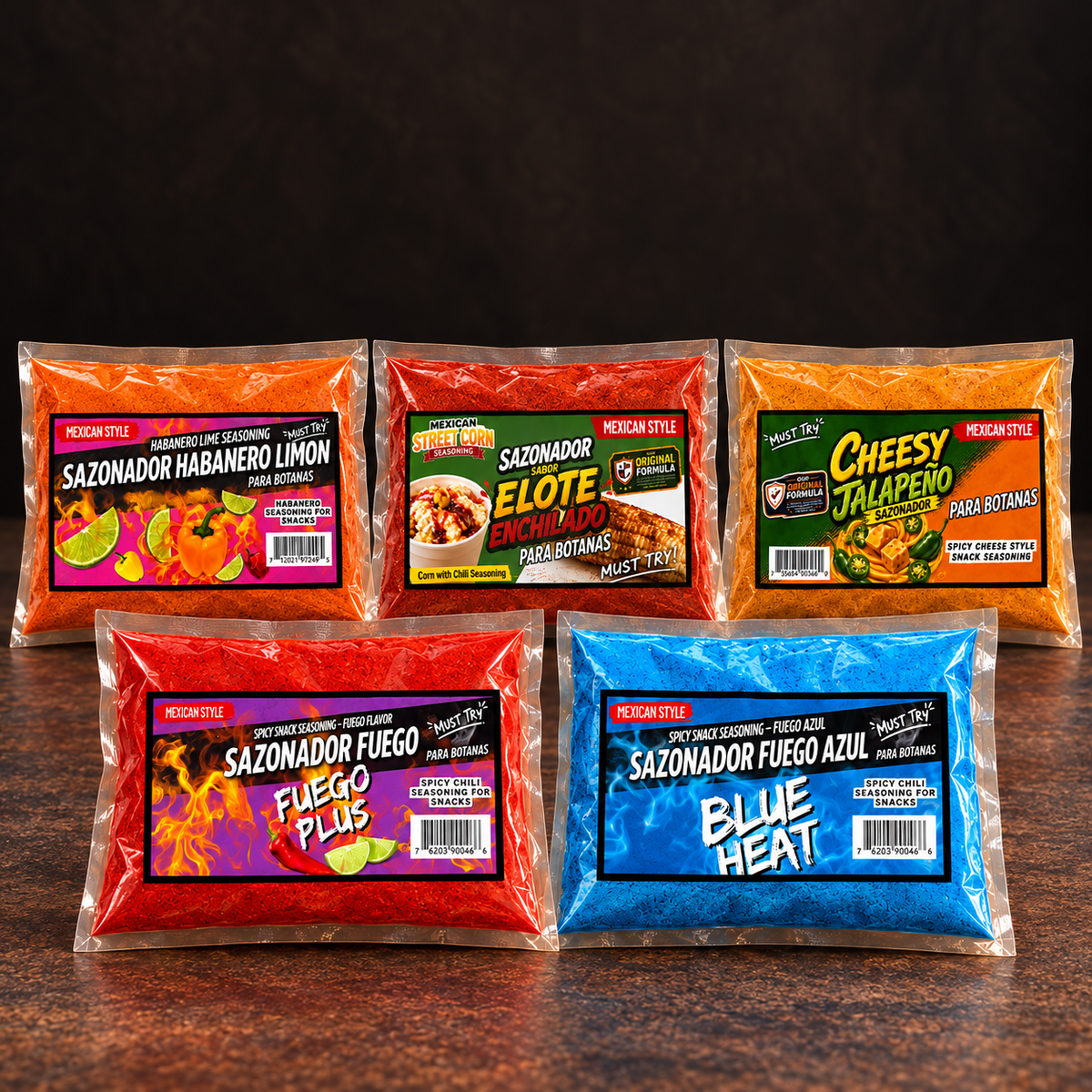 Fuego Plus, Blue Heat, Habanero Limon, Elote Enchilado and Cheesy Jalapeno seasoning powders