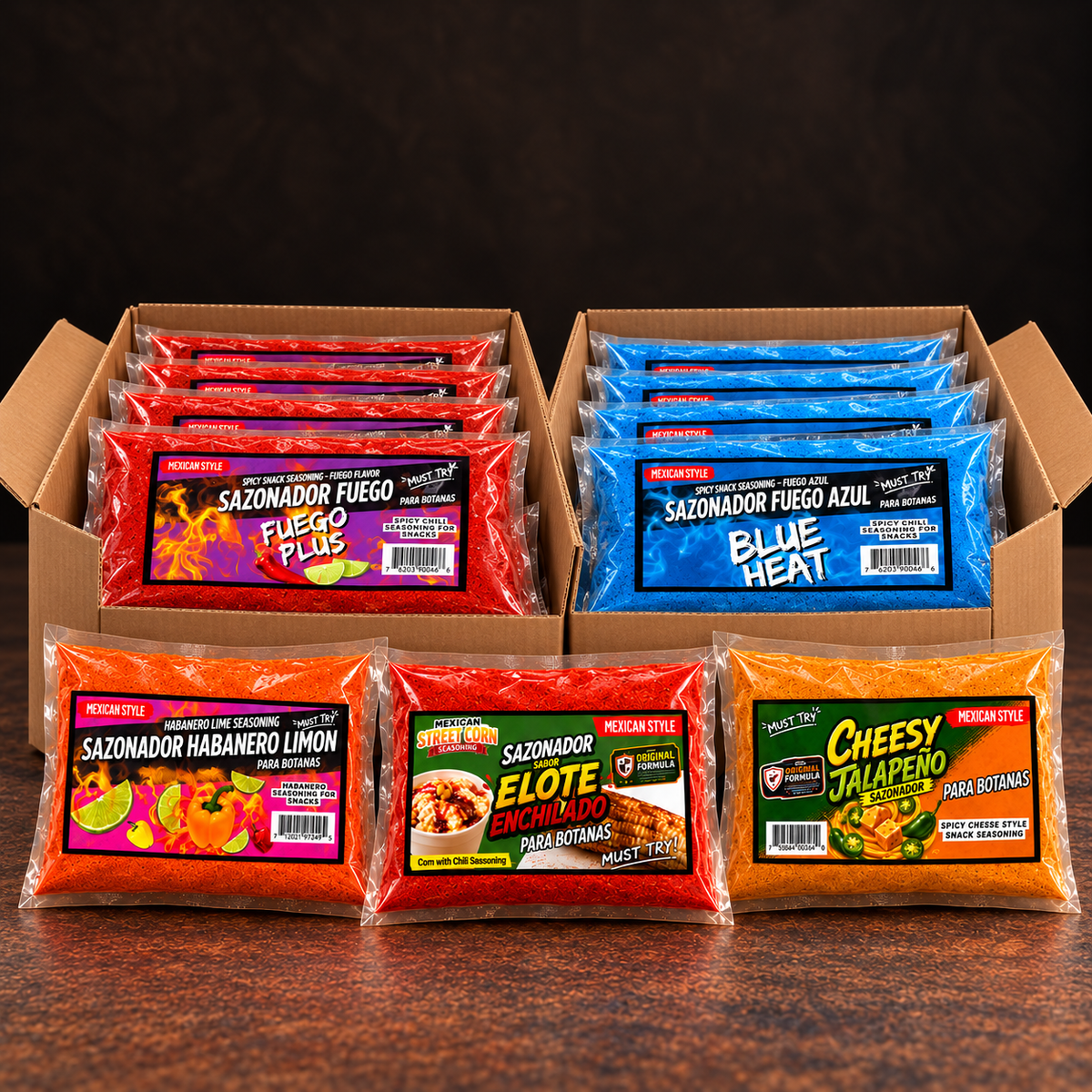Wholesale boxes of Fuego Plus and Blue Heat seasonings with additional flavors